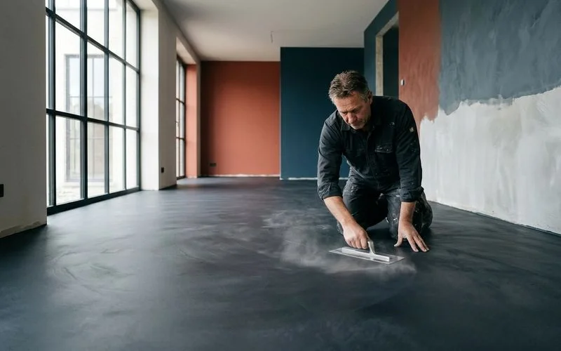 Applicateur de béton ciré sur un chantier résidentiel haut de gamme