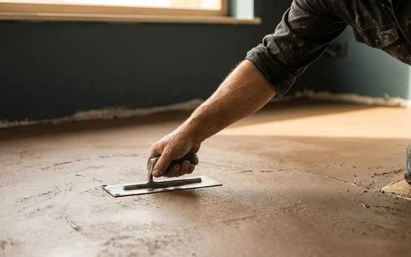 Applicateur de beton cire professionnel en train de lisser une surface avec une taloche inox sur un chantier