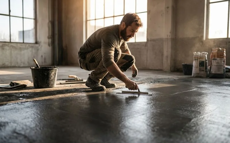 Artisan professionnel appliquant du beton cire sur un sol avec une taloche inox et des outils specialises