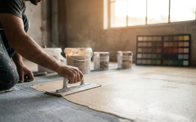 Exemple de chantier montrant les etapes de mise en oeuvre du beton cire sur un sol de salon