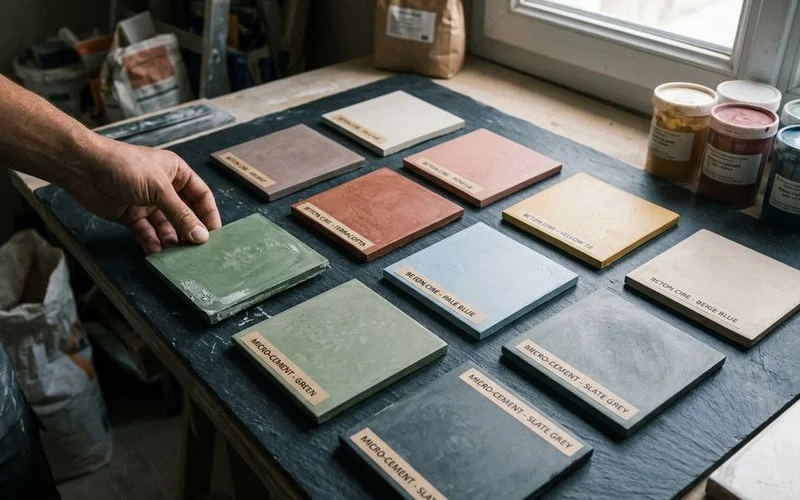 Echantillons de beton cire et de micro ciment cote a cote montrant les differences de texture