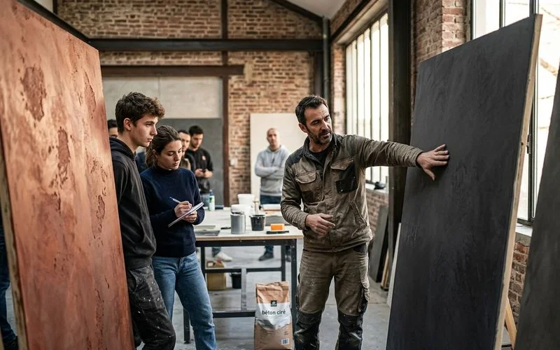 Formateur montrant les differences de texture entre beton cire et micro ciment a des stagiaires en atelier