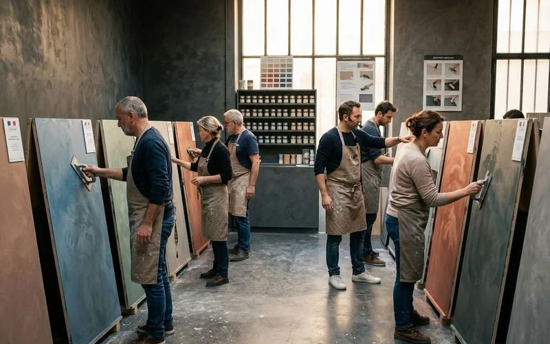 Groupe de stagiaires en formation beton cire pratiquant le lissage a la taloche sous supervision du formateur