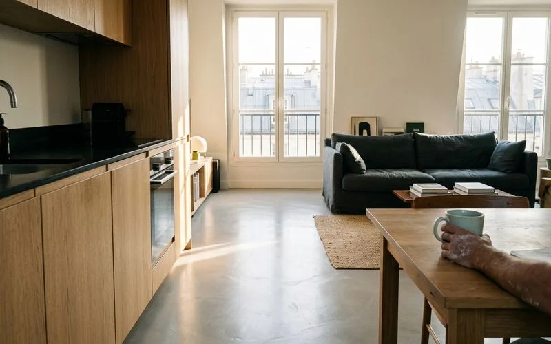 Salon moderne avec sol en beton cire gris clair et mobilier contemporain montrant le rendu final