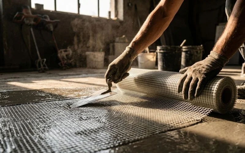 Applicateur professionnel posant une trame de renfort en fibre de verre sur la premiere couche de beton cire