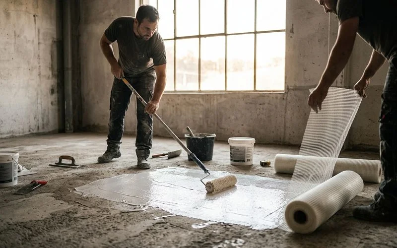 Surface de support preparee pour recevoir du beton cire avec primaire et trame de renfort appliques