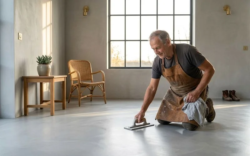 Resultat final beton cire dans un salon contemporain avec sol gris clair et murs en beton cire beige