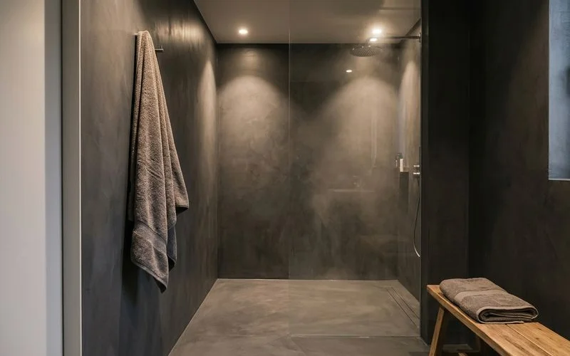 Salle de bain moderne avec douche italienne revetue en micro ciment gris et accessoires contemporains