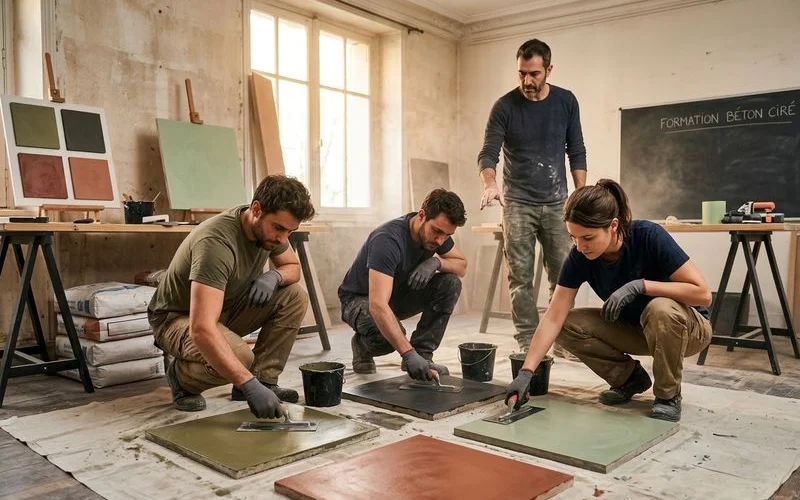 Stagiaires en formation pratique apprenant les techniques de pose du beton cire dans un atelier professionnel